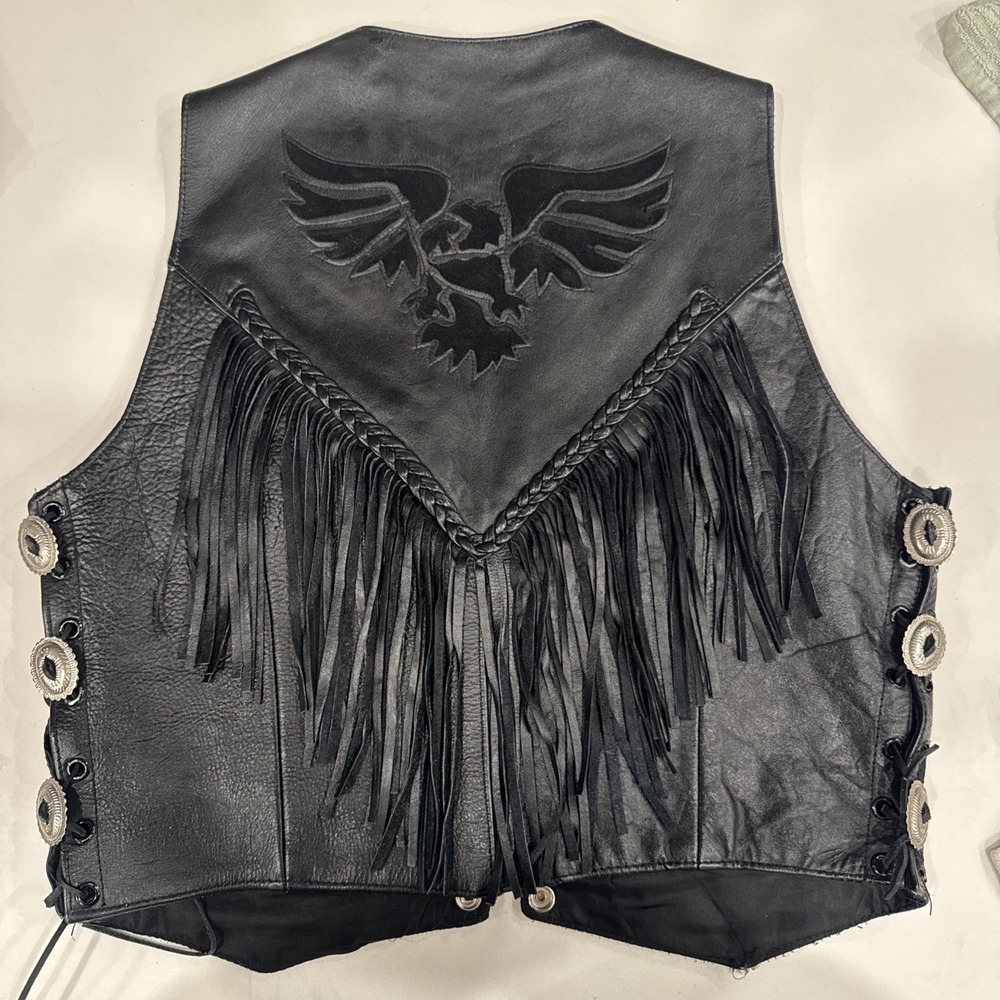 A-1 Leather Biker Vest Size M Fringe Harley Davidson Floral Front Eagle Back - Picture 5 of 8